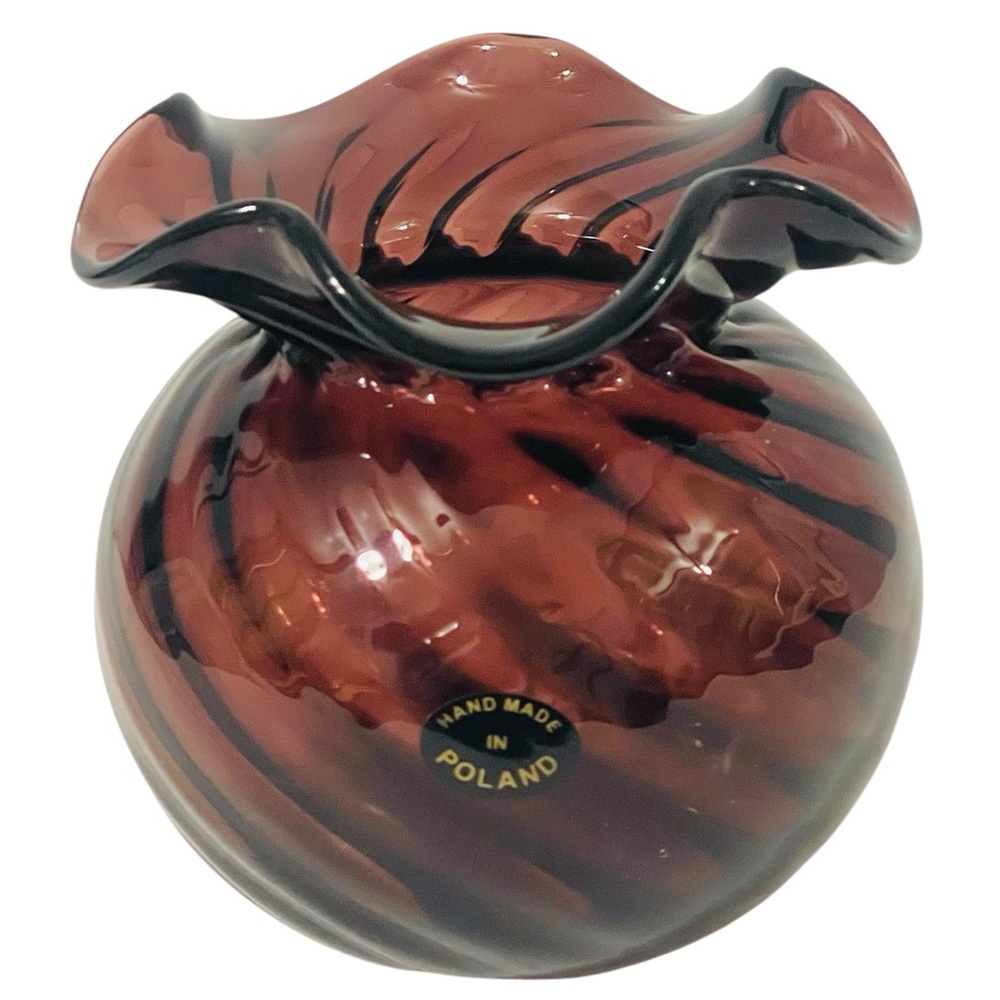 Hand Blown ART Glass Vase Handmade in Poland Plum Amethyst Ruffled Rim Heavy 5”